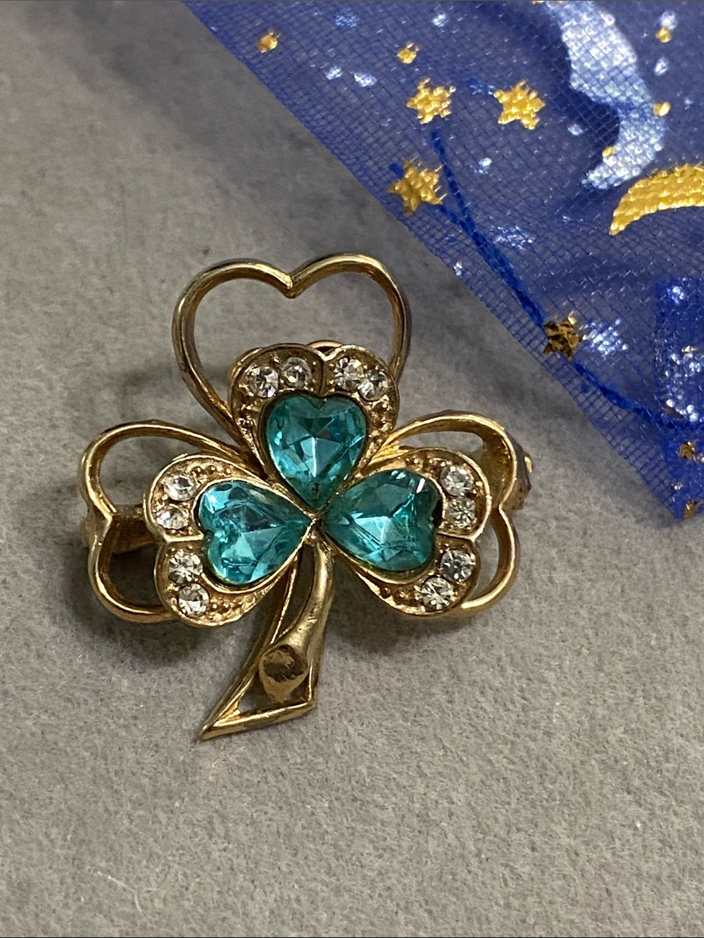 Gold Shamrock Brooch with Teal Crystal Hearts